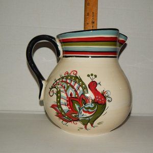 Tabletops Unlimited Folk Art Peacock Ceramic Pitcher - Boulevard Hand Painted